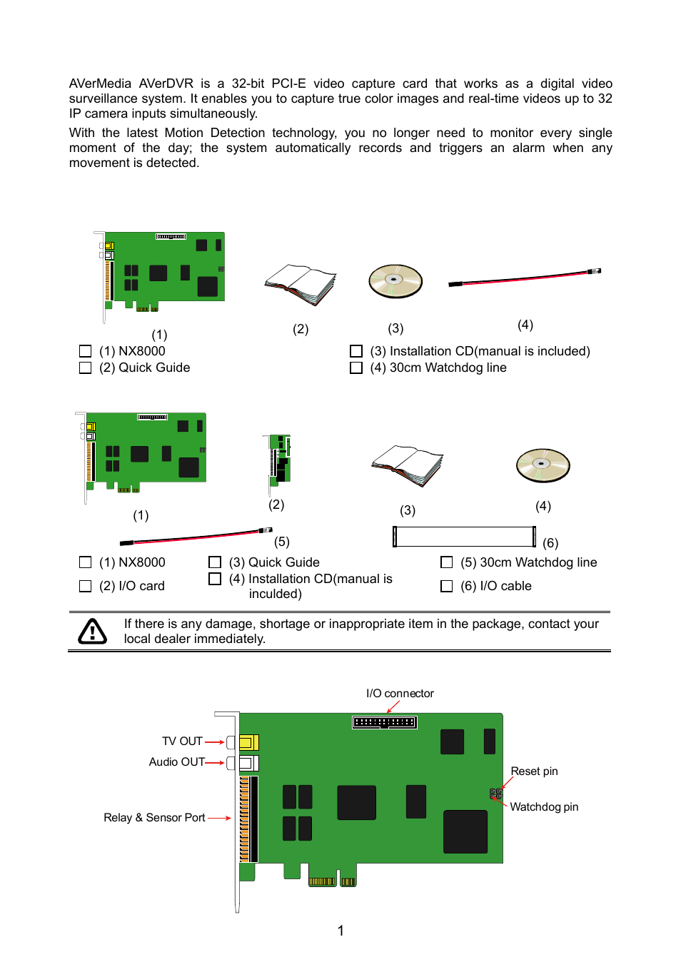 Chapter 1 introduction, 1 package contents, 2 card parts | Chapter 1, Introduction, Package contents, 4/8/16 channels, 32 channels, Card parts, 1 package contents 1.1.1 | AVer NX8000 User Manual | Page 8 / 116