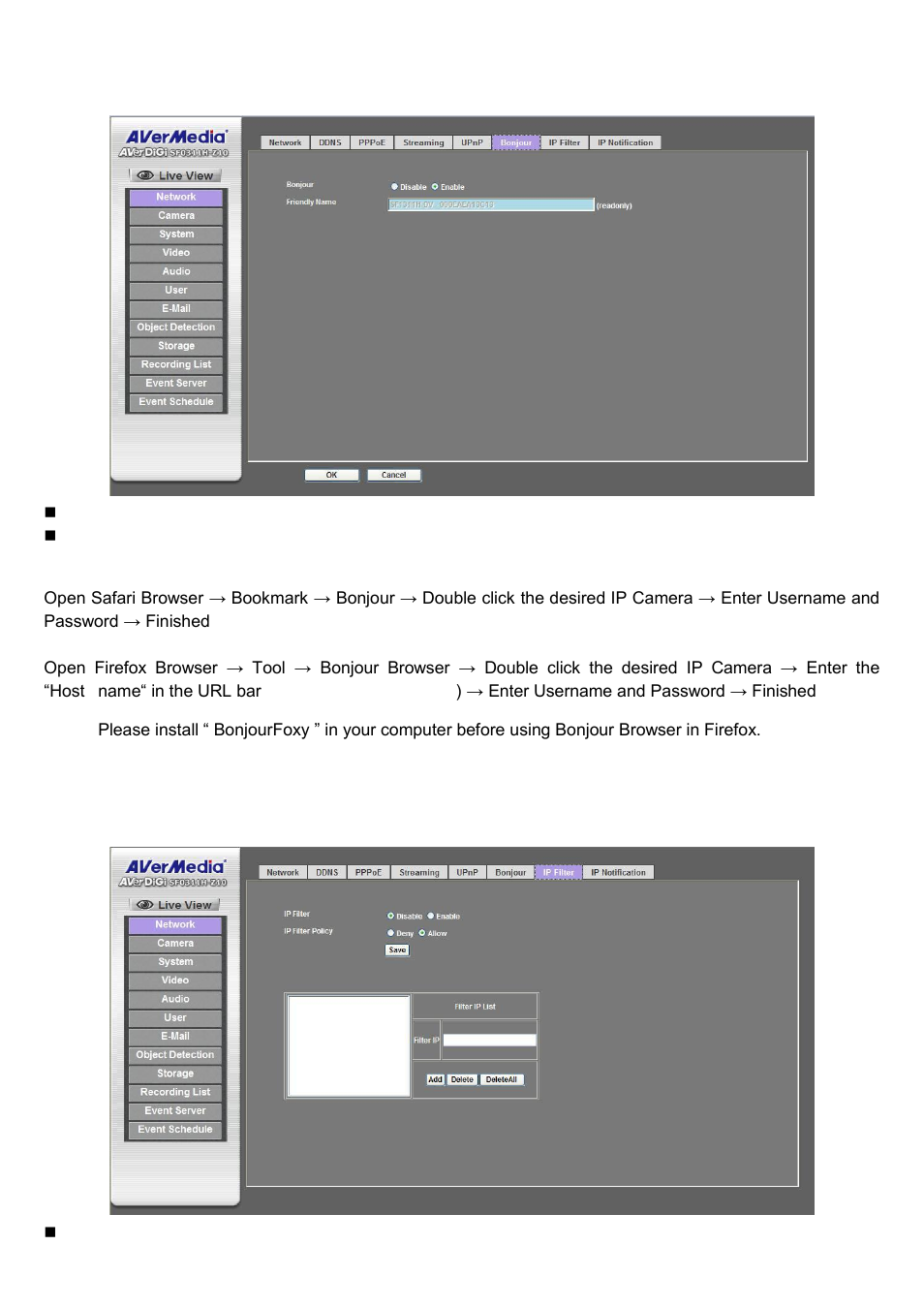 Bonjour setting ip filter, Bonjour setting, Ip filter | AVer SF0311H-Z10 IP Cam User Manual | Page 38 / 82