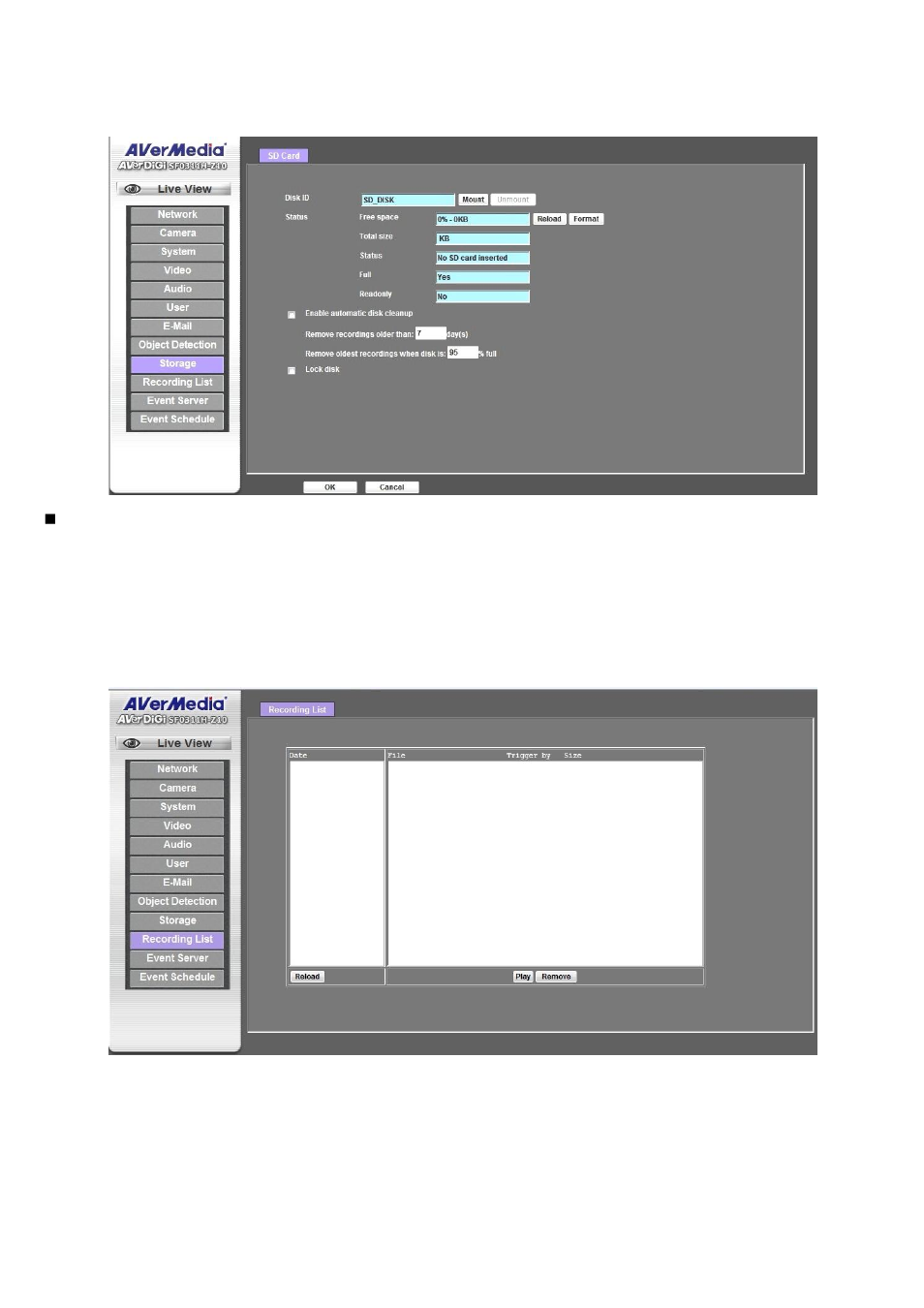 Storage: status and configuration of microsd card, Recording list: files in microsd card | AVer SF0311H-Z10 IP Cam User Manual | Page 54 / 82