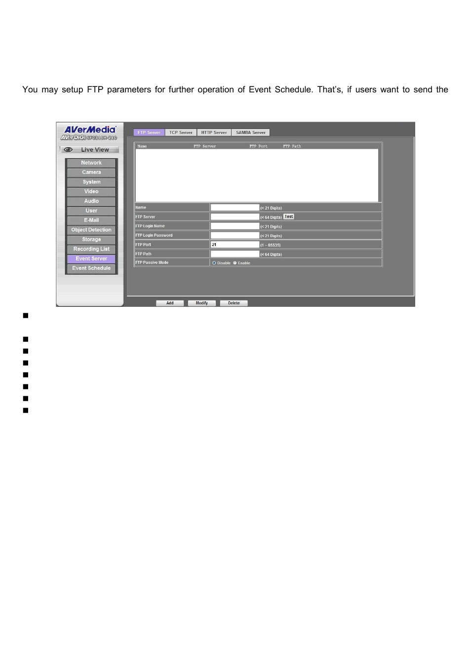 Event server: setup ftp/tcp/http/samba server, Ftp server | AVer SF0311H-Z10 IP Cam User Manual | Page 55 / 82