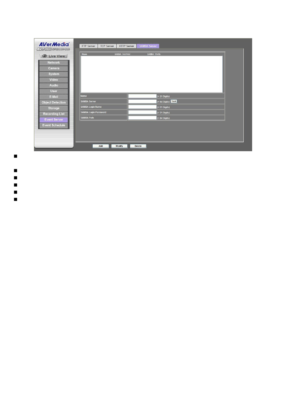 Samba server | AVer SF0311H-Z10 IP Cam User Manual | Page 57 / 82