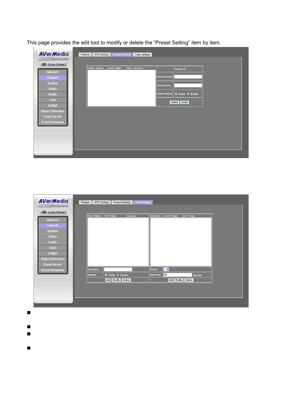 Preset setting, Tour setting | AVer SF1311H-D User Manual | Page 35 / 76