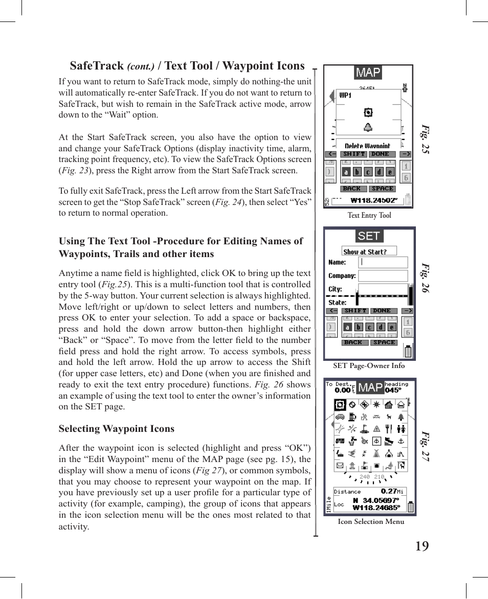 Safetrack, Text tool / waypoint icons | Bushnell 362000 User Manual | Page 19 / 28