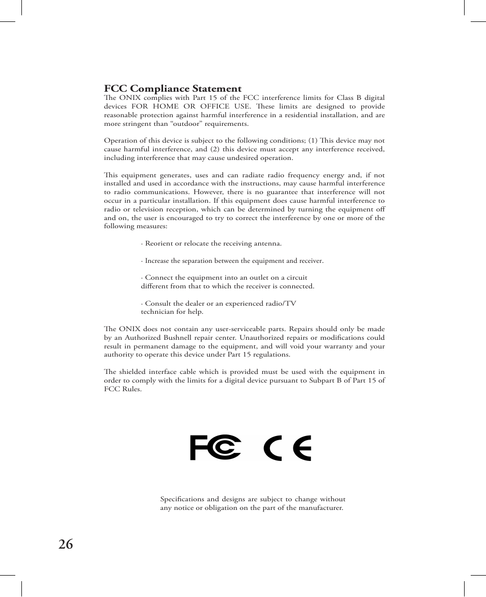 Fcc compliance statement | Bushnell 362000 User Manual | Page 26 / 28