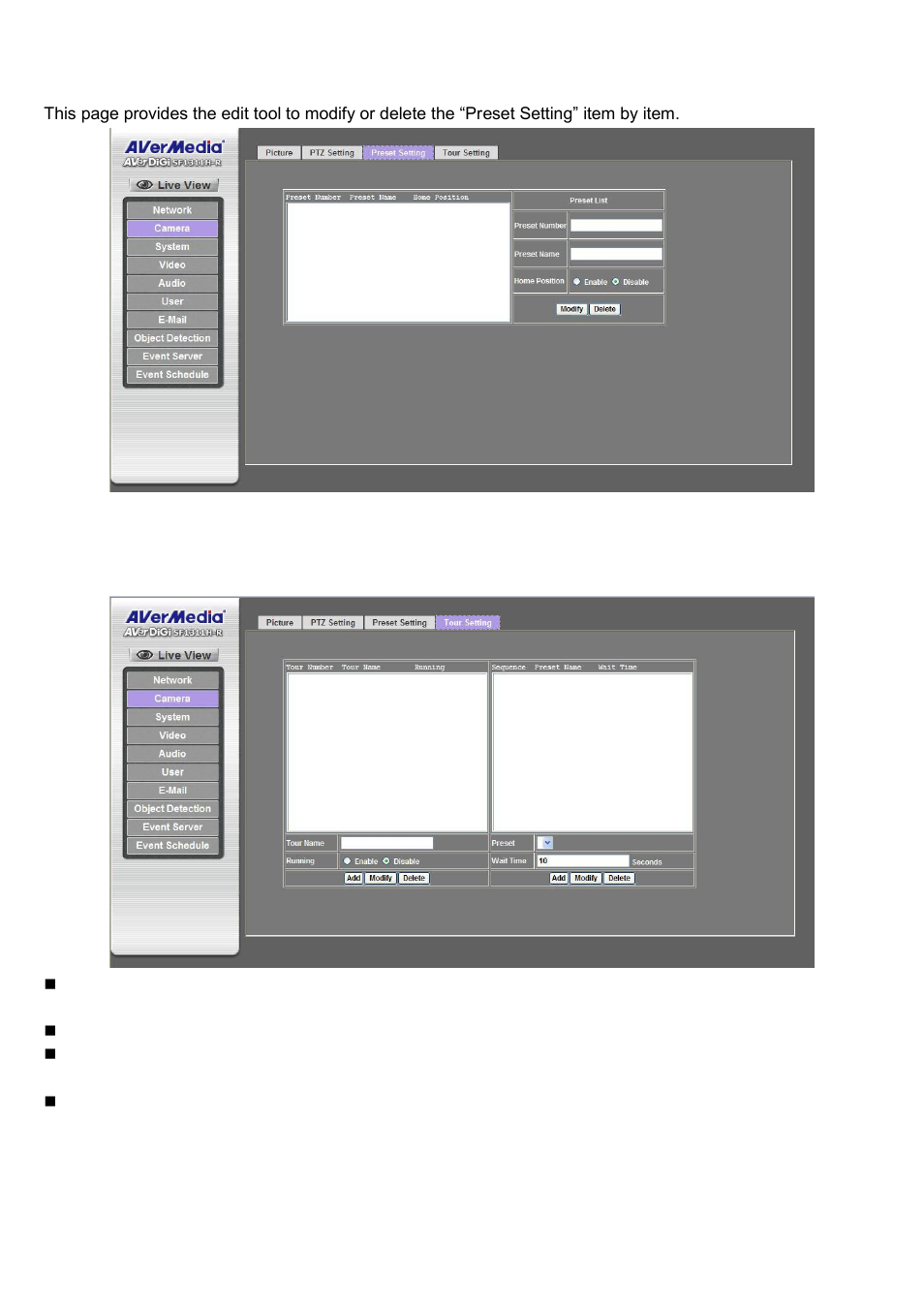 Preset setting tour setting, Preset setting, Tour setting | AVer SF1311H-R User Manual | Page 36 / 77