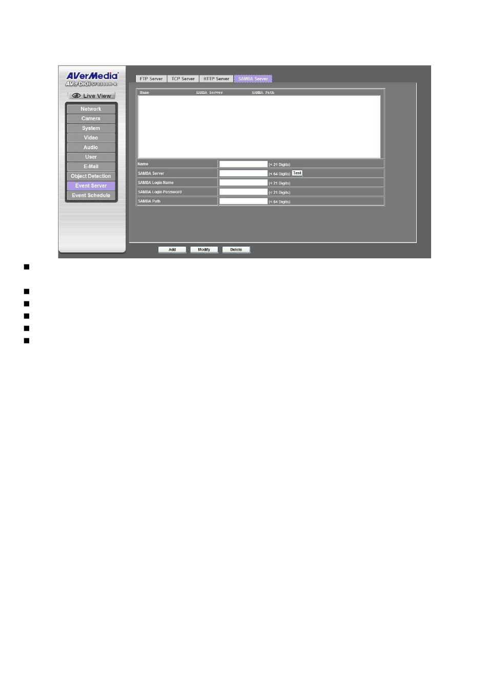 Samba server | AVer SF1311H-R User Manual | Page 50 / 77