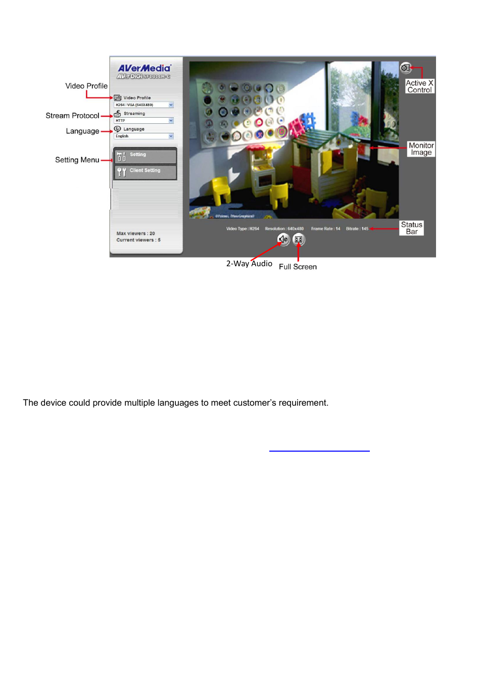 Operating the network camera, Video profile, Streaming protocol | Language, Setting, Way audio, Full screen, Status bar, Monitor image | AVer SF1311H-C User Manual | Page 20 / 77