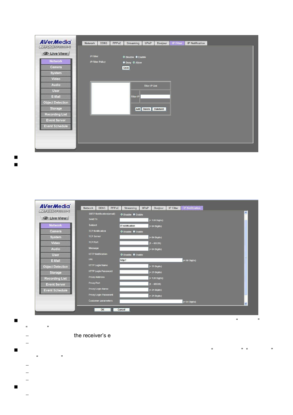 Ip filter ip notification, Ip filter, Ip notification | AVer SF1311H-C User Manual | Page 34 / 77