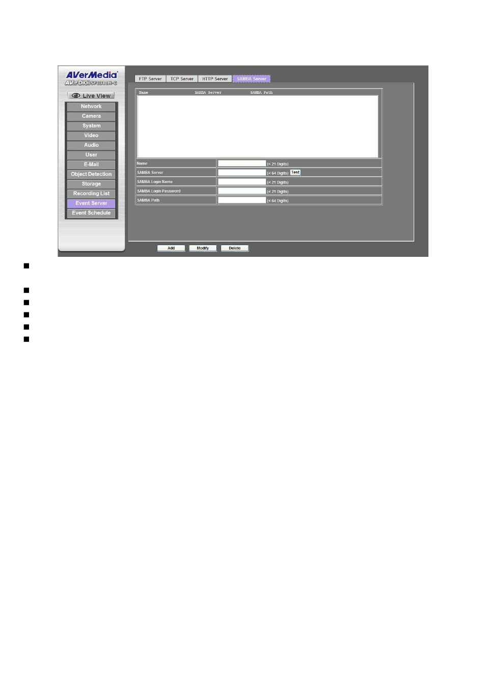 Samba server | AVer SF1311H-C User Manual | Page 51 / 77