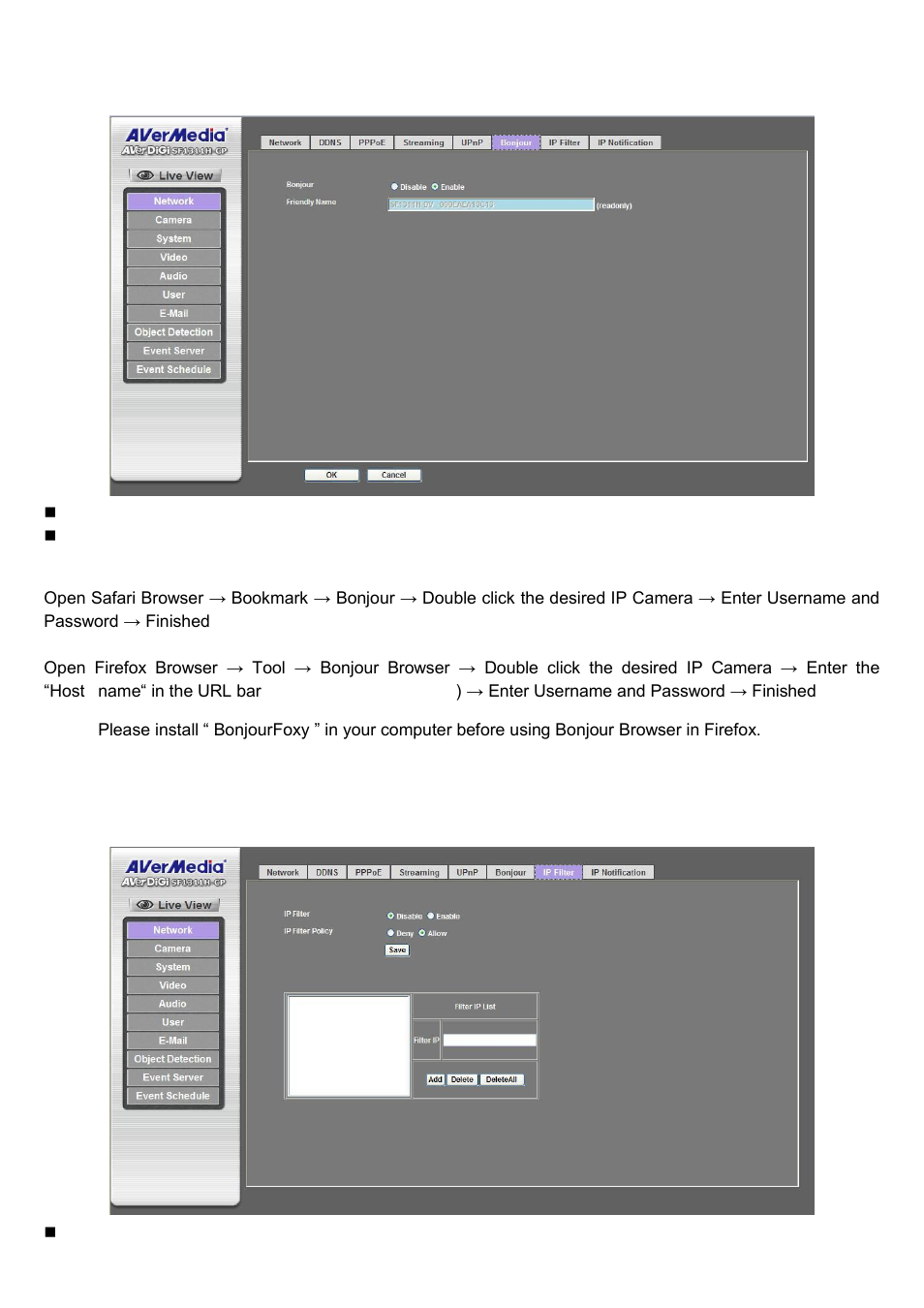 Bonjour setting ip filter, Bonjour setting, Ip filter | AVer SF1311H-CP User Manual | Page 36 / 80