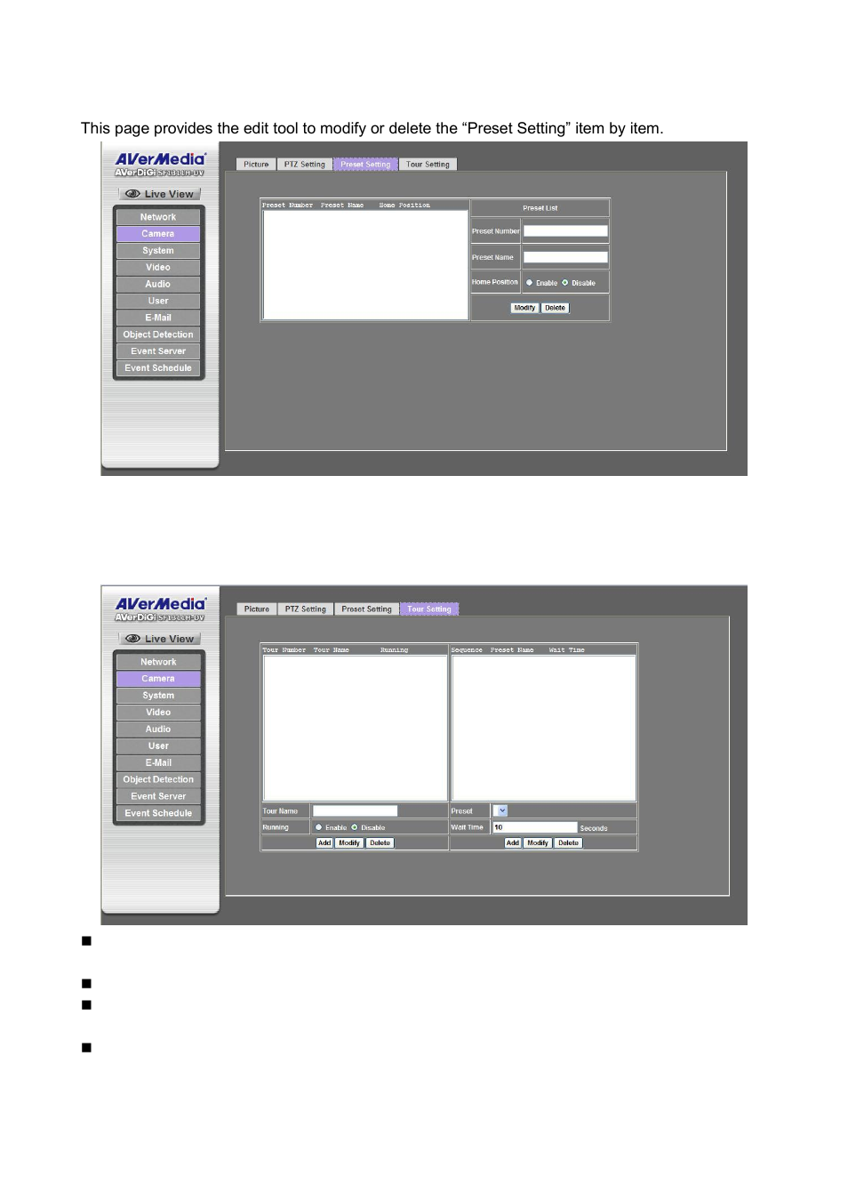 Preset setting, Tour setting | AVer SF1311H-DV User Manual | Page 35 / 76