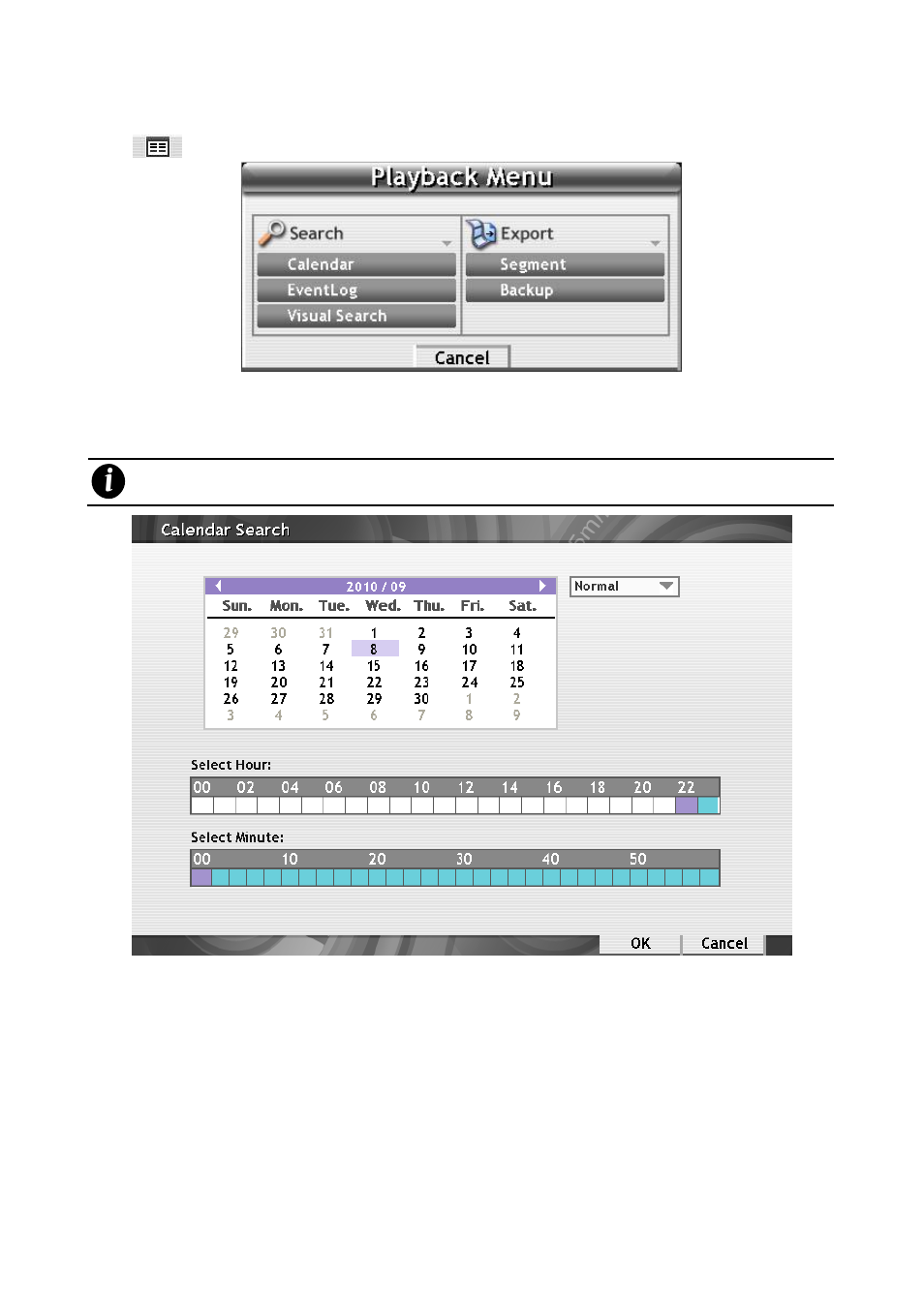 Chapter241, Familiarizing the functions in playback menu, Select playback file from calendar | 1 familiarizing the functions in playback menu | AVer SEB3104H User Manual | Page 23 / 101