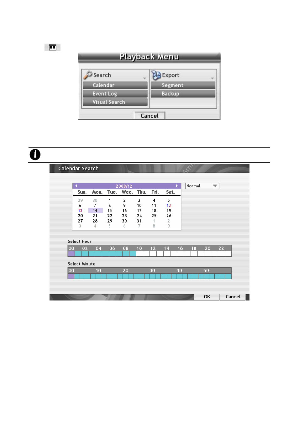 Familiarizing the functions in playback menu, Select playback file from calendar, 1 familiarizing the functions in playback menu | AVer SEB5116 series User Manual | Page 34 / 119