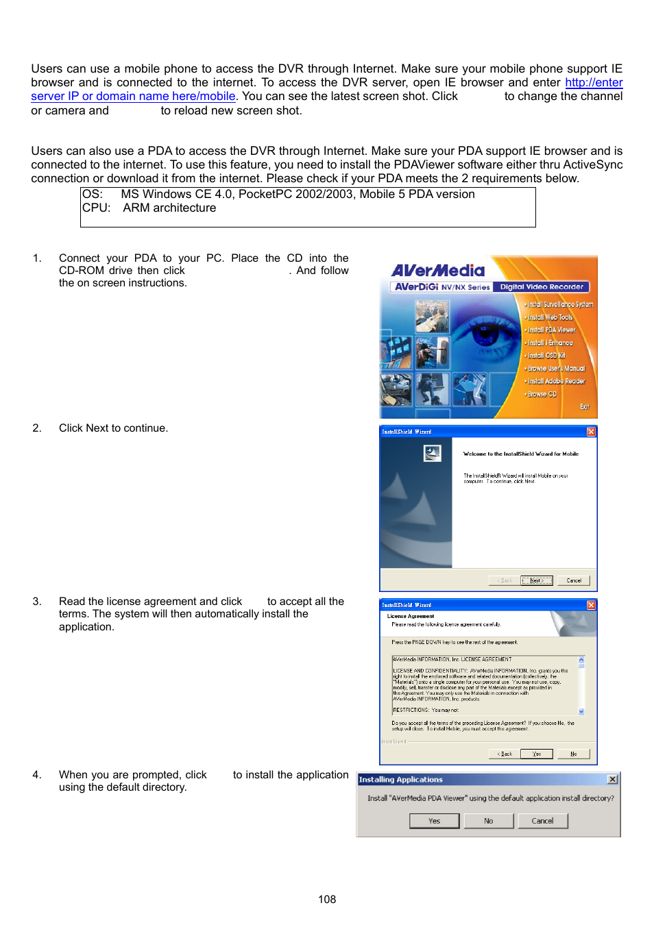6 using handyviewer to access dvr server, 7 using pdaviewer to access dvr server, 1 to install pdaviewer thru activesync | AVer XR8032_RACK User Manual | Page 114 / 157
