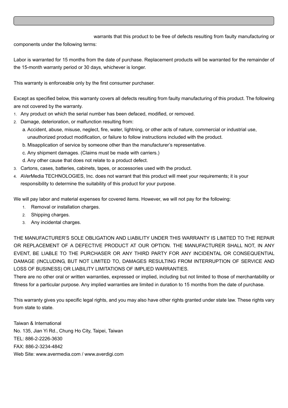 Warranty notice | AVer XR8032_RACK User Manual | Page 157 / 157