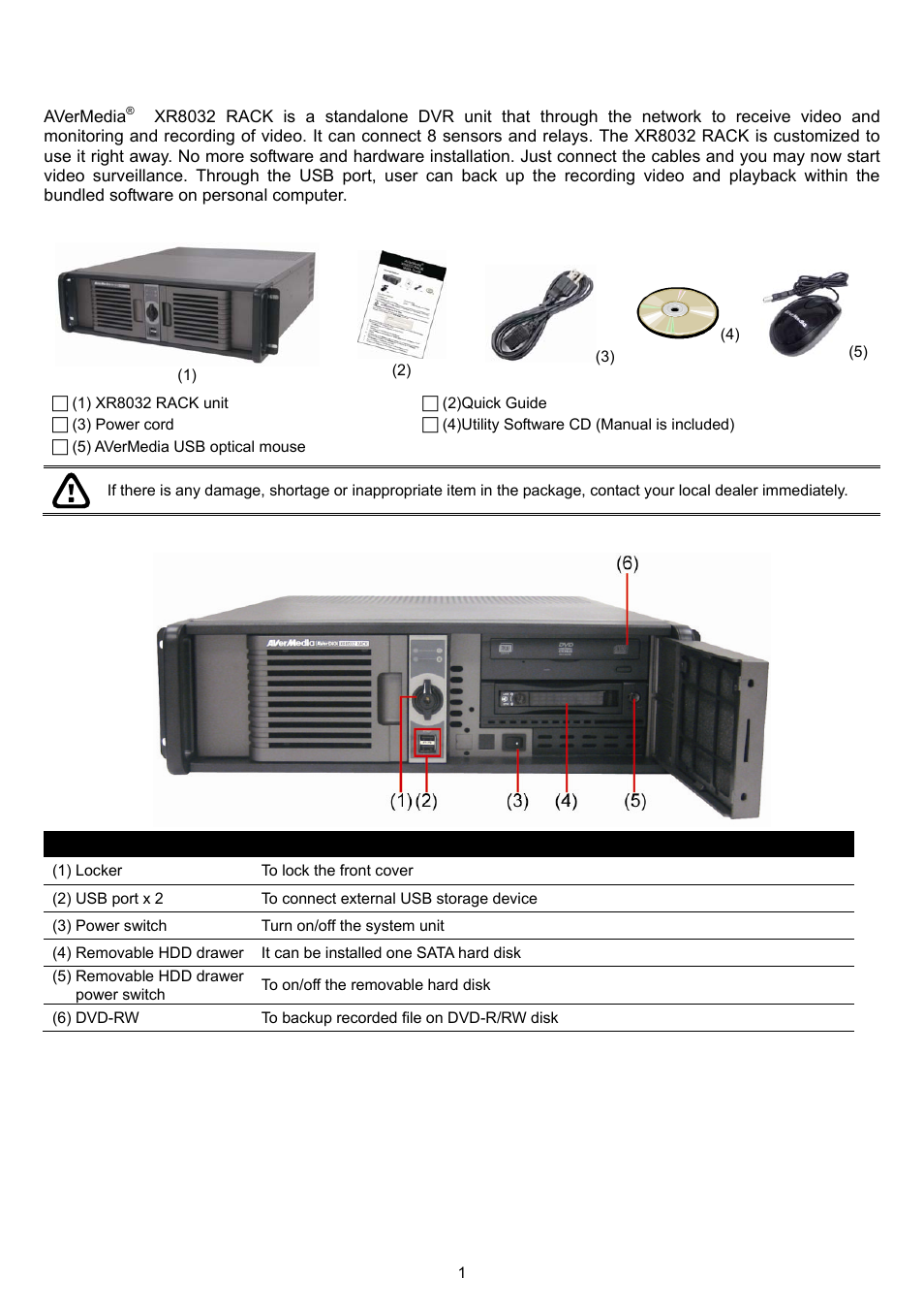 Chapter 1, Introduction, 1 package contents | 2 front panel | AVer XR8032_RACK User Manual | Page 7 / 157