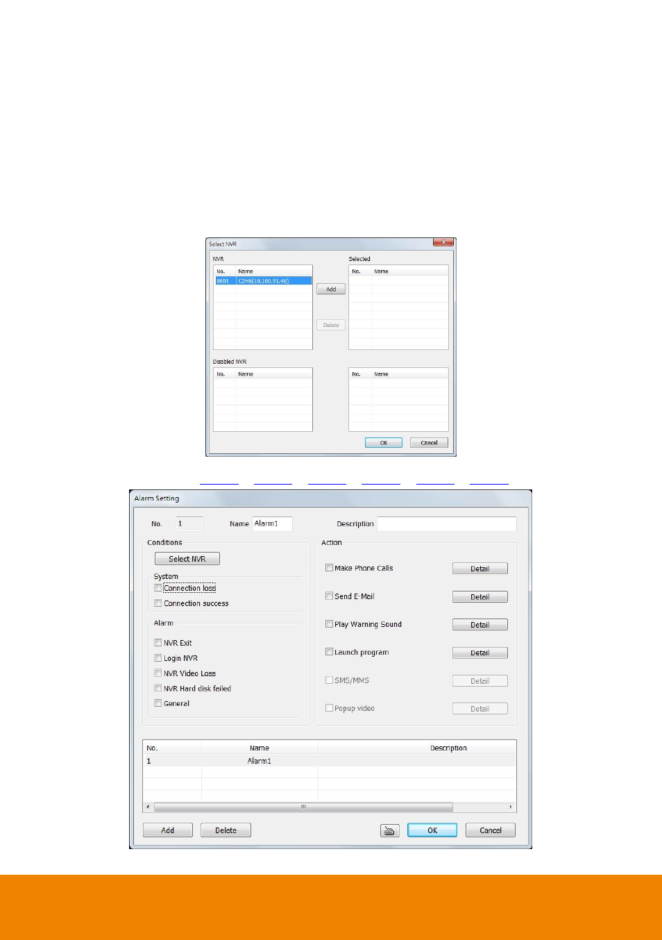 7 alarm setting, 1 to setup an alarm condition | AVer SecureCenter User Manual | Page 54 / 76