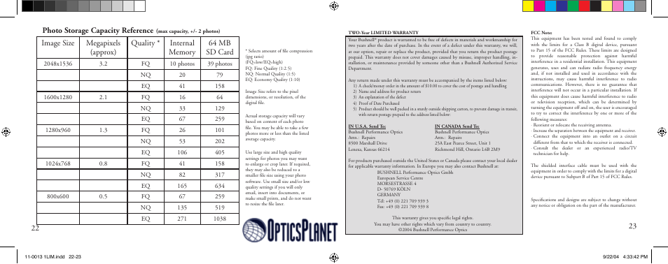 Photo storage capacity reference | Bushnell 11-0013Y User Manual | Page 12 / 12