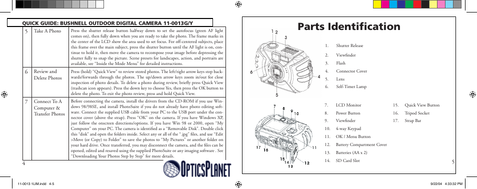 Parts identiﬁcation | Bushnell 11-0013Y User Manual | Page 3 / 12