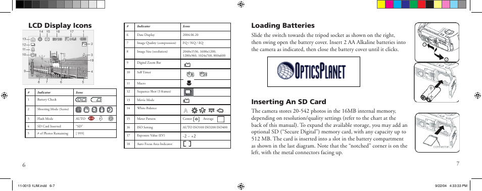 Lcd display icons, Loading batteries inserting an sd card | Bushnell 11-0013Y User Manual | Page 4 / 12