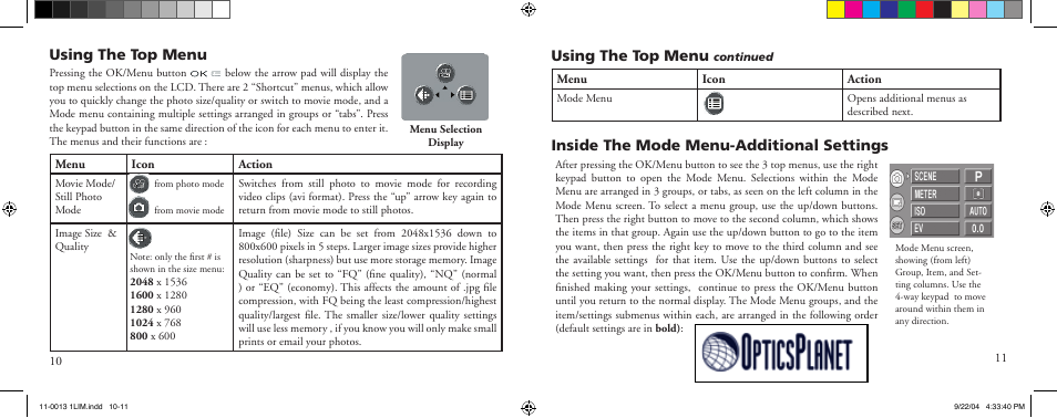 Using the top menu, Inside the mode menu-additional settings | Bushnell 11-0013Y User Manual | Page 6 / 12