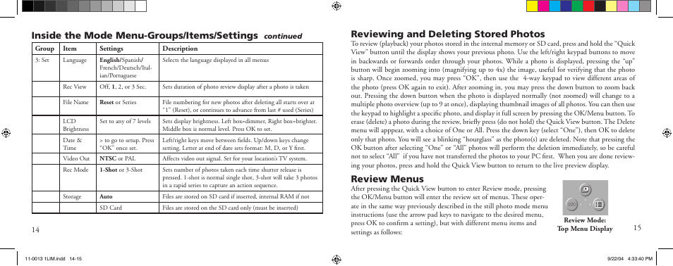 Inside the mode menu-groups/items/settings, Reviewing and deleting stored photos, Review menus | Bushnell 11-0013Y User Manual | Page 8 / 12