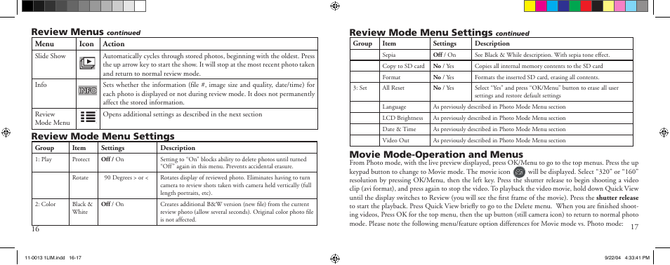 Review menus, Review mode menu settings, Movie mode-operation and menus | Bushnell 11-0013Y User Manual | Page 9 / 12