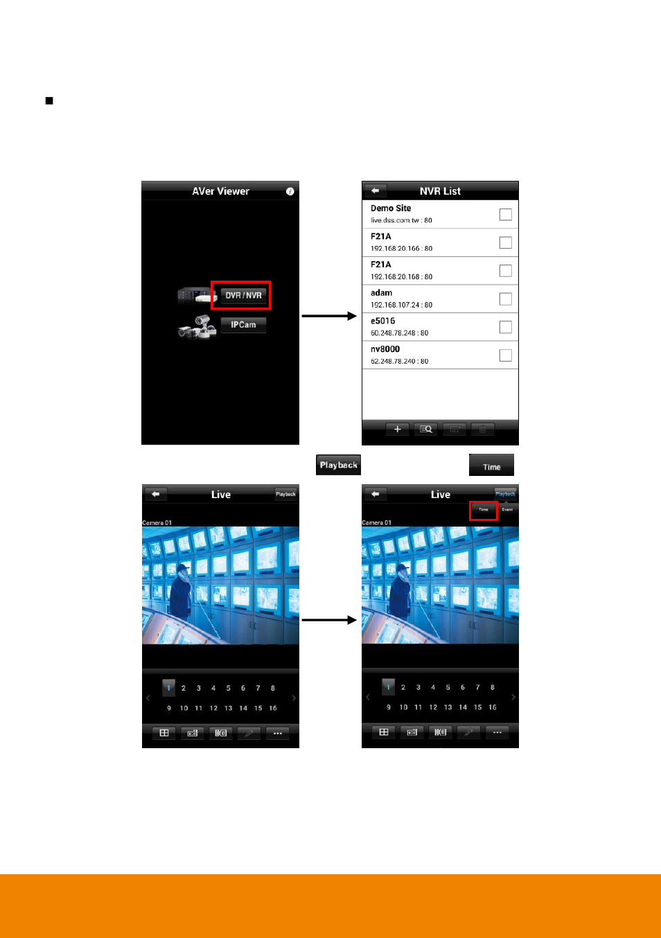 Viii. palyback recorded video of dvr/nvr server, Viii, Palyback recorded video of dvr/nvr server | Playback by time | AVer AndroidViewer User Manual | Page 19 / 28