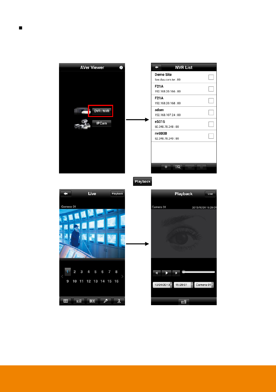 Playback for nv/iwh/eh series dvr | AVer AndroidViewer User Manual | Page 23 / 28