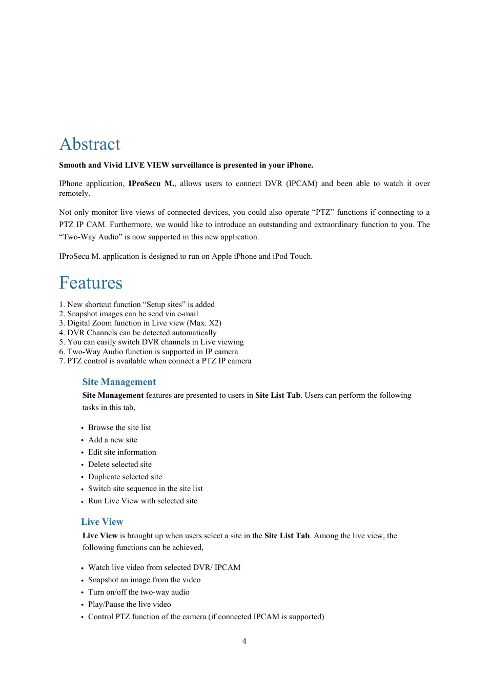 Features, Abstract | AVer SF2012H_Series IPhone APP user manual User Manual | Page 4 / 16
