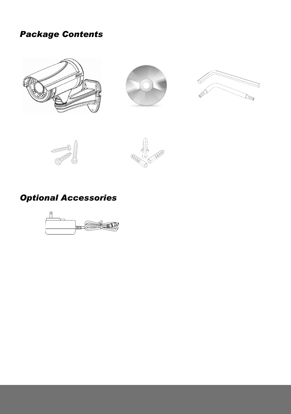 Package contents, The following items are included in the package, Optional accessories | AVer Bullet Installation Guide User Manual | Page 4 / 22