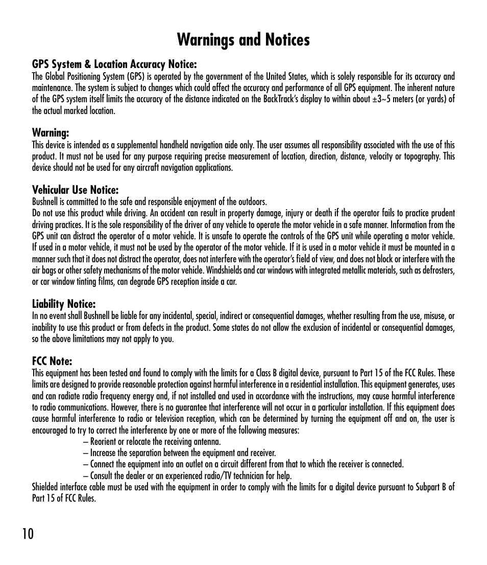 Warnings and notices | Bushnell BACKTRACK 360210 User Manual | Page 10 / 64