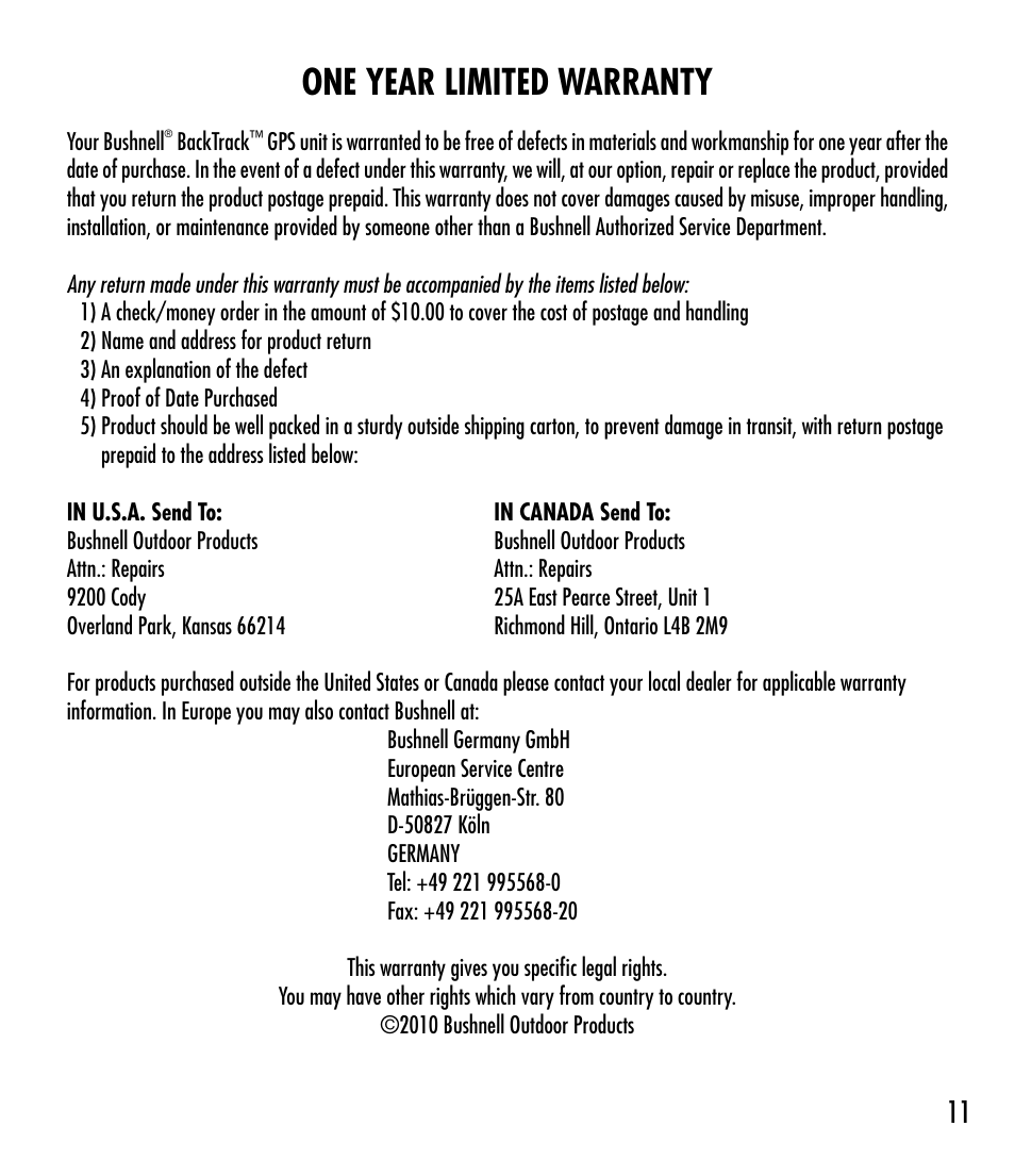 One year limited warranty | Bushnell BACKTRACK 360210 User Manual | Page 11 / 64