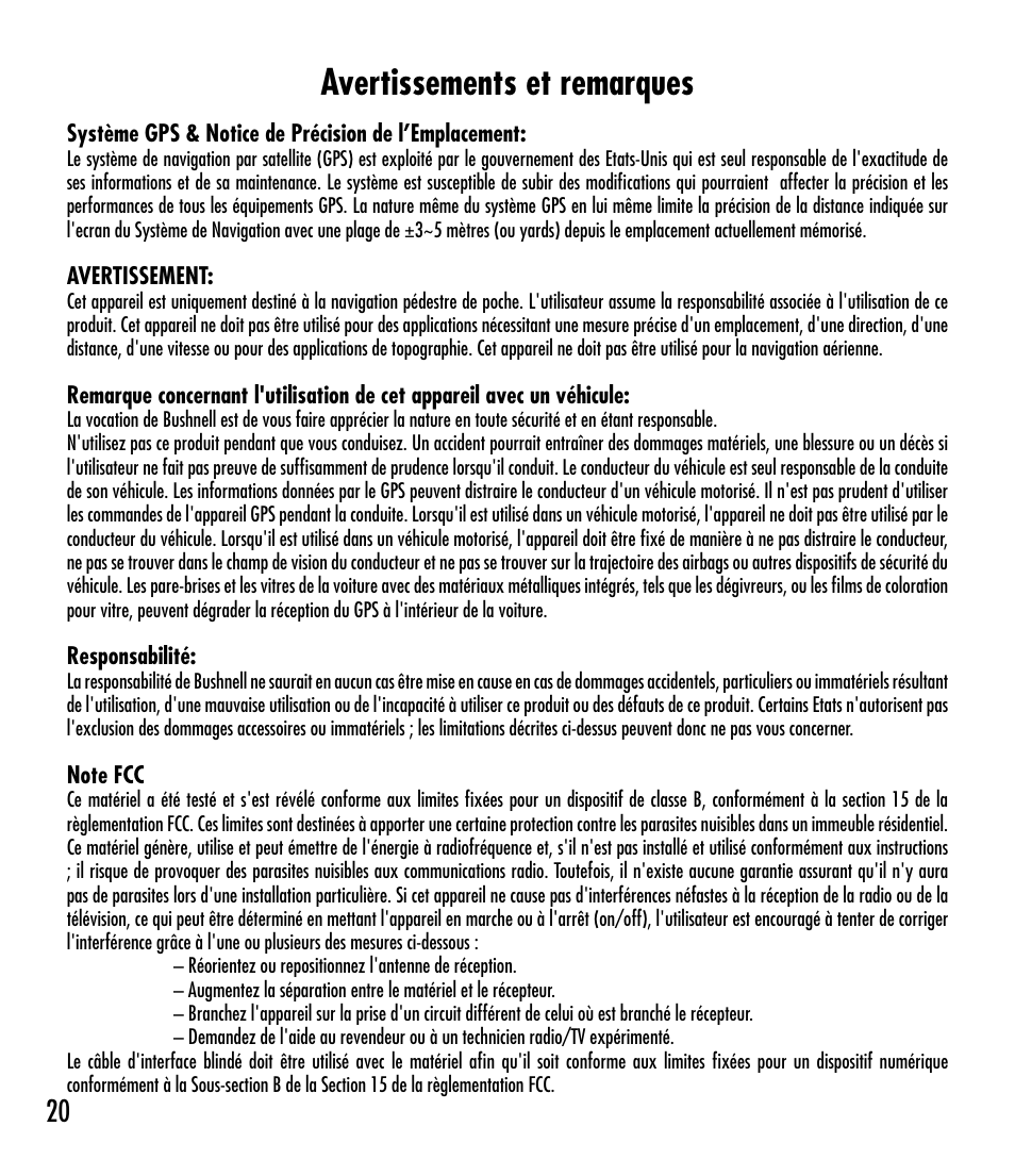 Avertissements et remarques | Bushnell BACKTRACK 360210 User Manual | Page 20 / 64