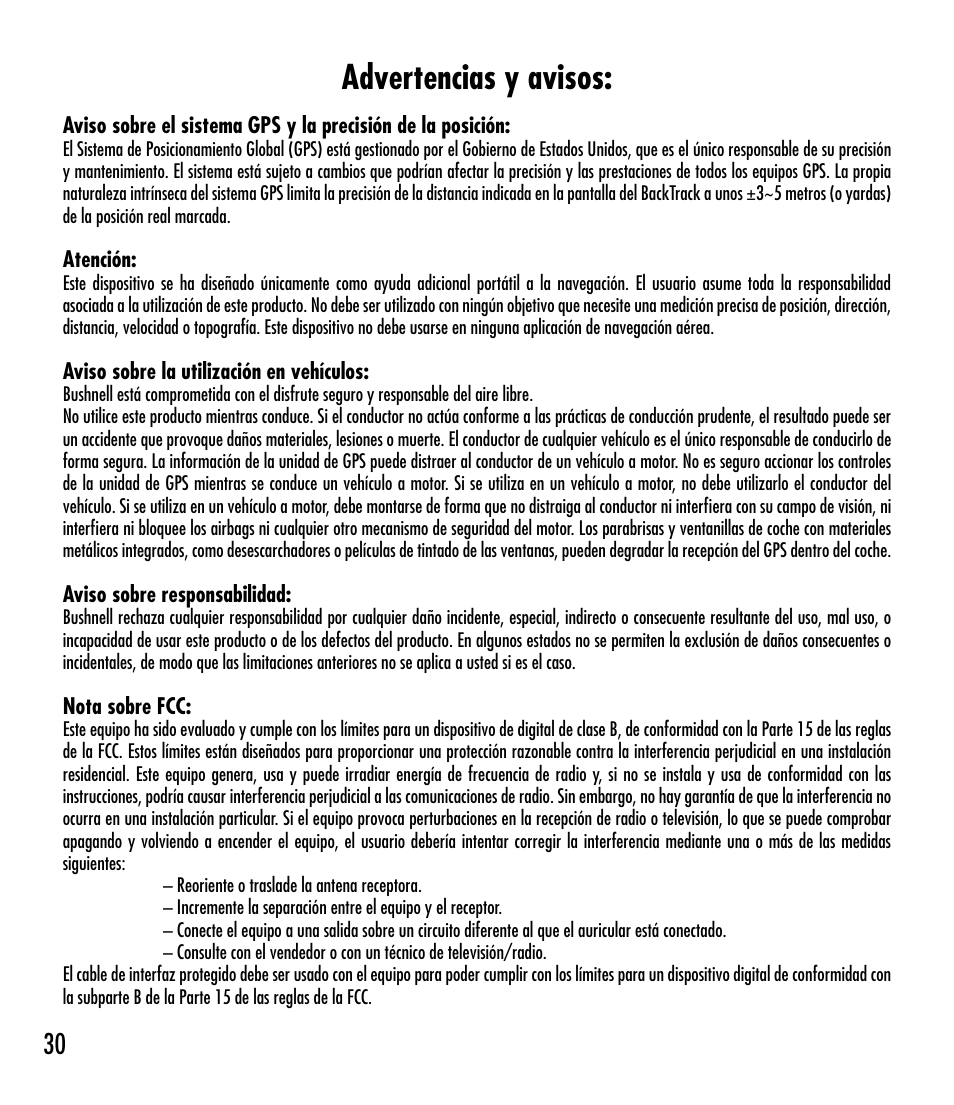 Advertencias y avisos | Bushnell BACKTRACK 360210 User Manual | Page 30 / 64