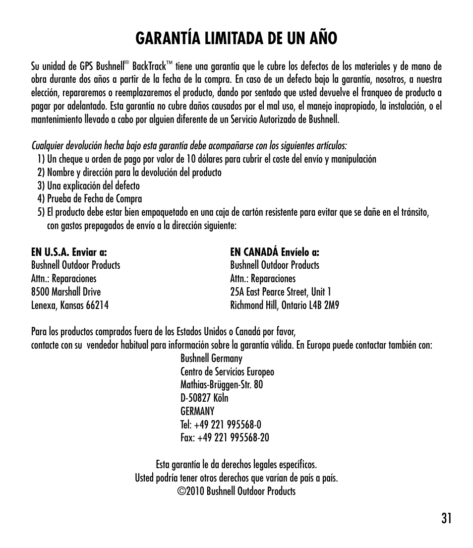 Garantía limitada de un año | Bushnell BACKTRACK 360210 User Manual | Page 31 / 64