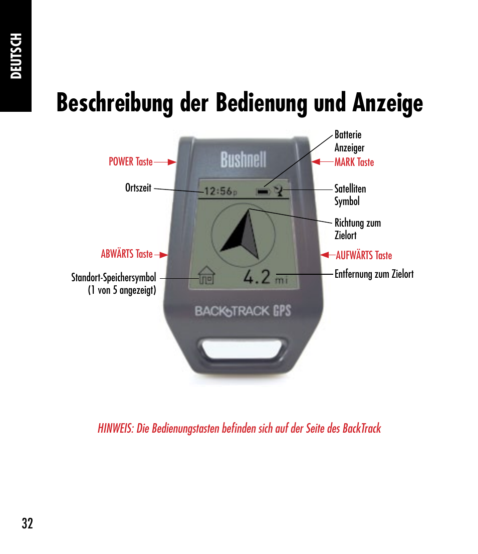 Beschreibung der bedienung und anzeige | Bushnell BACKTRACK 360210 User Manual | Page 32 / 64