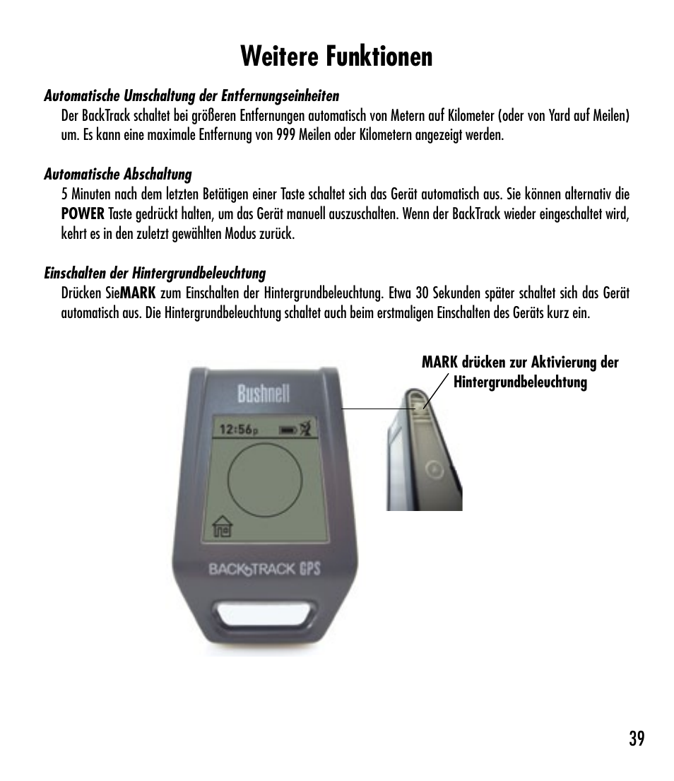 Weitere funktionen | Bushnell BACKTRACK 360210 User Manual | Page 39 / 64