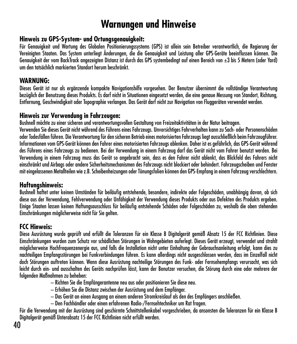 Warnungen und hinweise | Bushnell BACKTRACK 360210 User Manual | Page 40 / 64