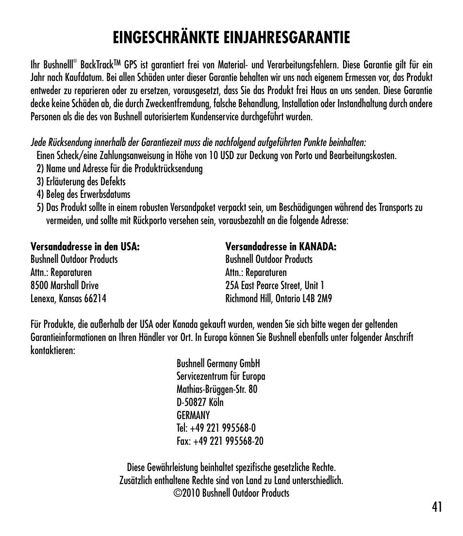 Eingeschränkte einjahresgarantie | Bushnell BACKTRACK 360210 User Manual | Page 41 / 64