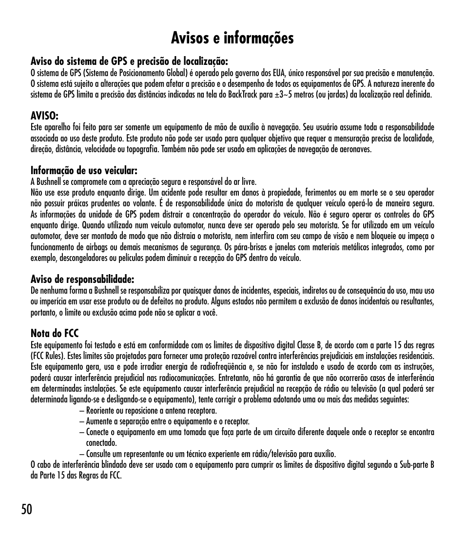 Avisos e informações | Bushnell BACKTRACK 360210 User Manual | Page 50 / 64