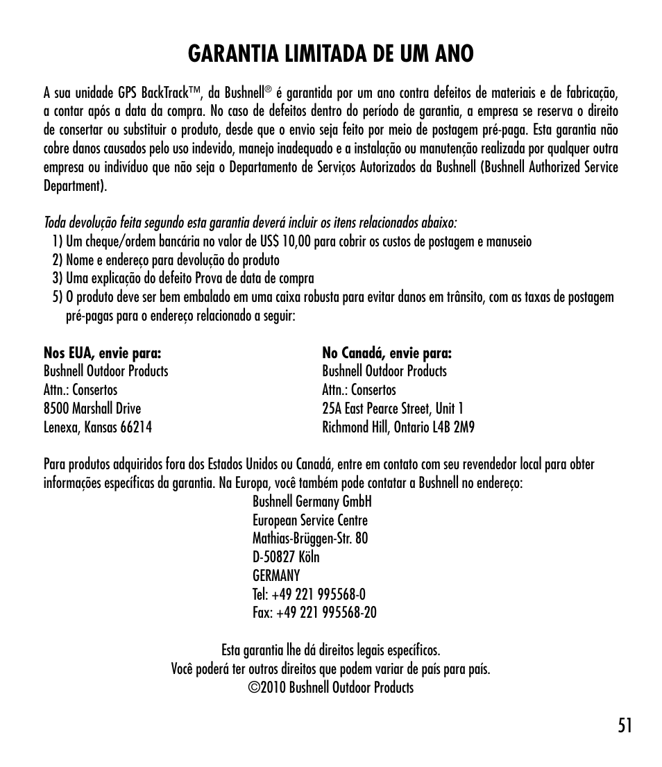 Garantia limitada de um ano | Bushnell BACKTRACK 360210 User Manual | Page 51 / 64