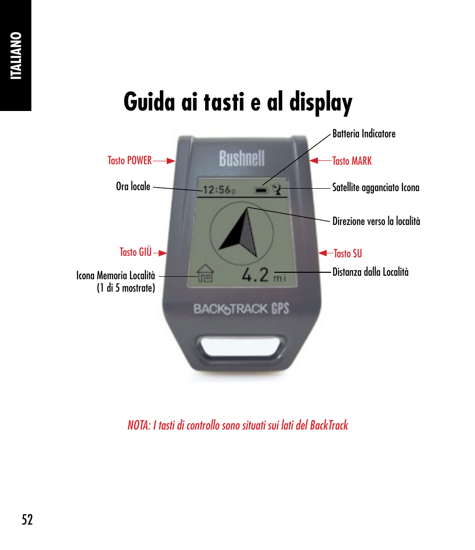 Guida ai tasti e al display | Bushnell BACKTRACK 360210 User Manual | Page 52 / 64