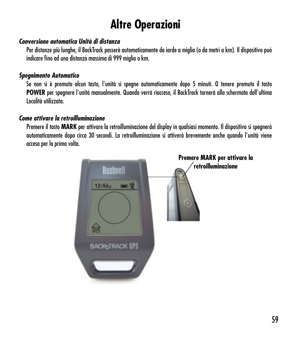 Altre operazioni | Bushnell BACKTRACK 360210 User Manual | Page 59 / 64