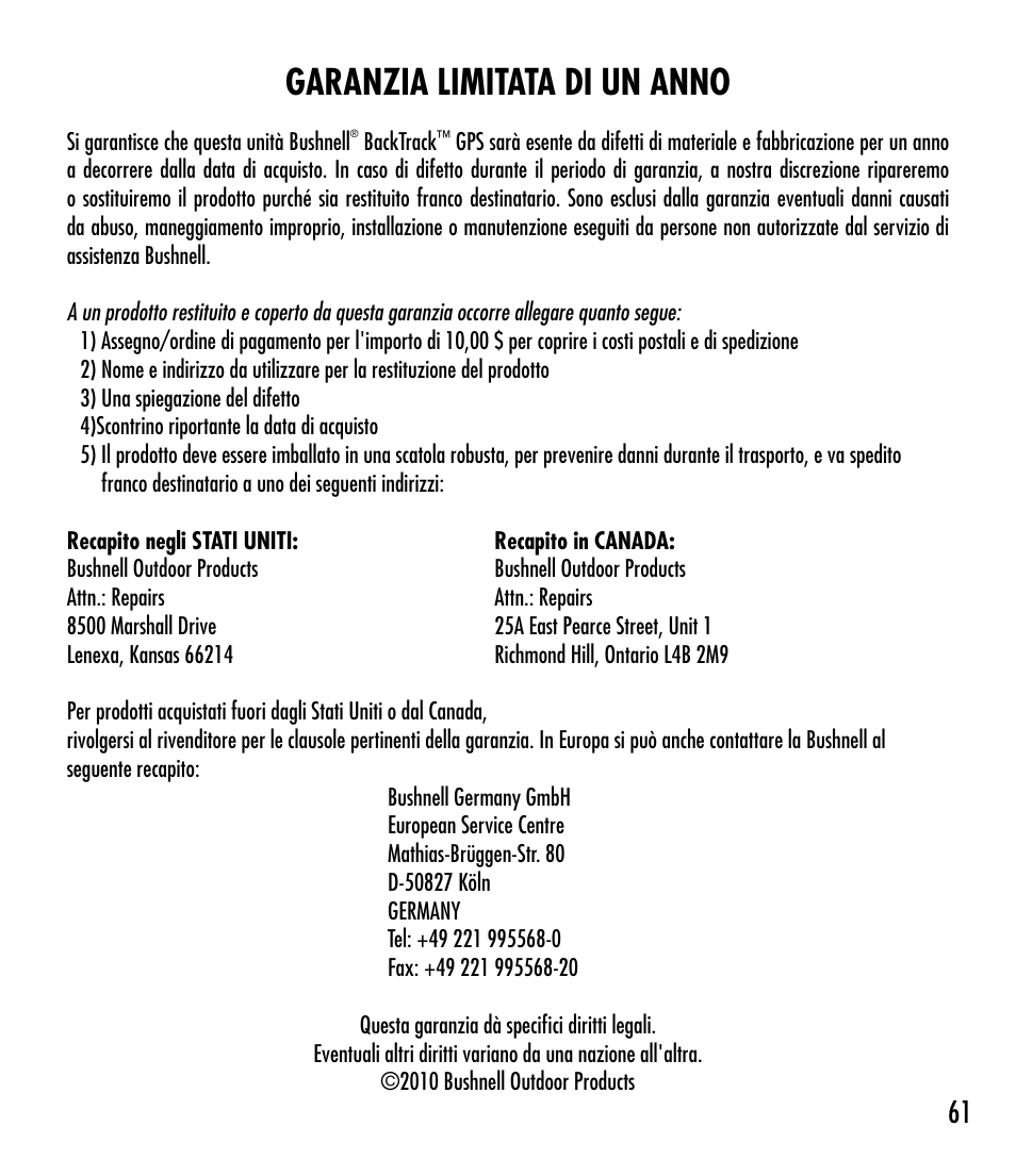 Garanzia limitata di un anno | Bushnell BACKTRACK 360210 User Manual | Page 61 / 64