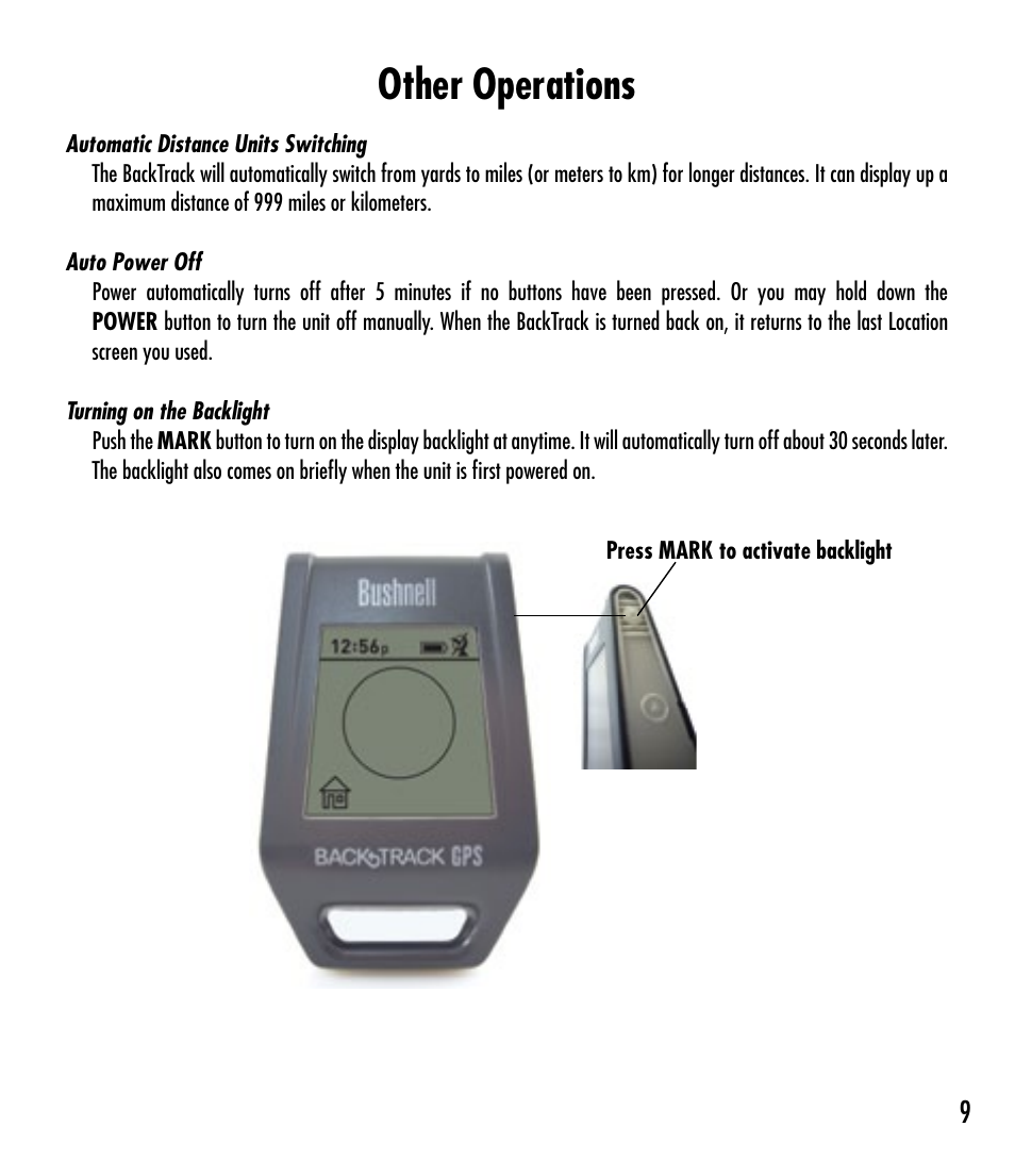 Other operations | Bushnell BACKTRACK 360210 User Manual | Page 9 / 64