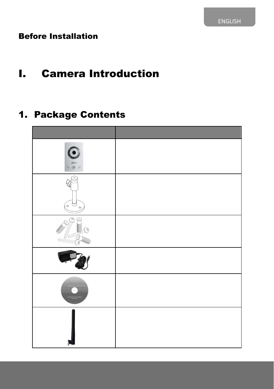 I. camera introduction, Package contents, Before installation | AVer FC1320-P&PW quick guide User Manual | Page 3 / 20