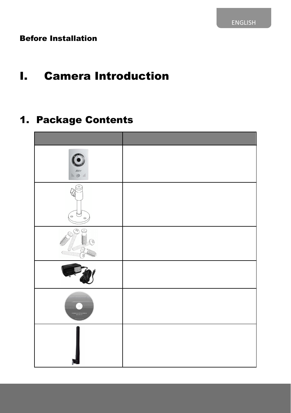 I. camera introduction, Package contents | AVer FC2020-P&PW quick guide User Manual | Page 3 / 20