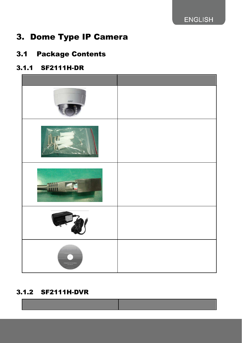Dome type ip camera, 1 package contents | AVer SF2111H series quick guide User Manual | Page 11 / 35