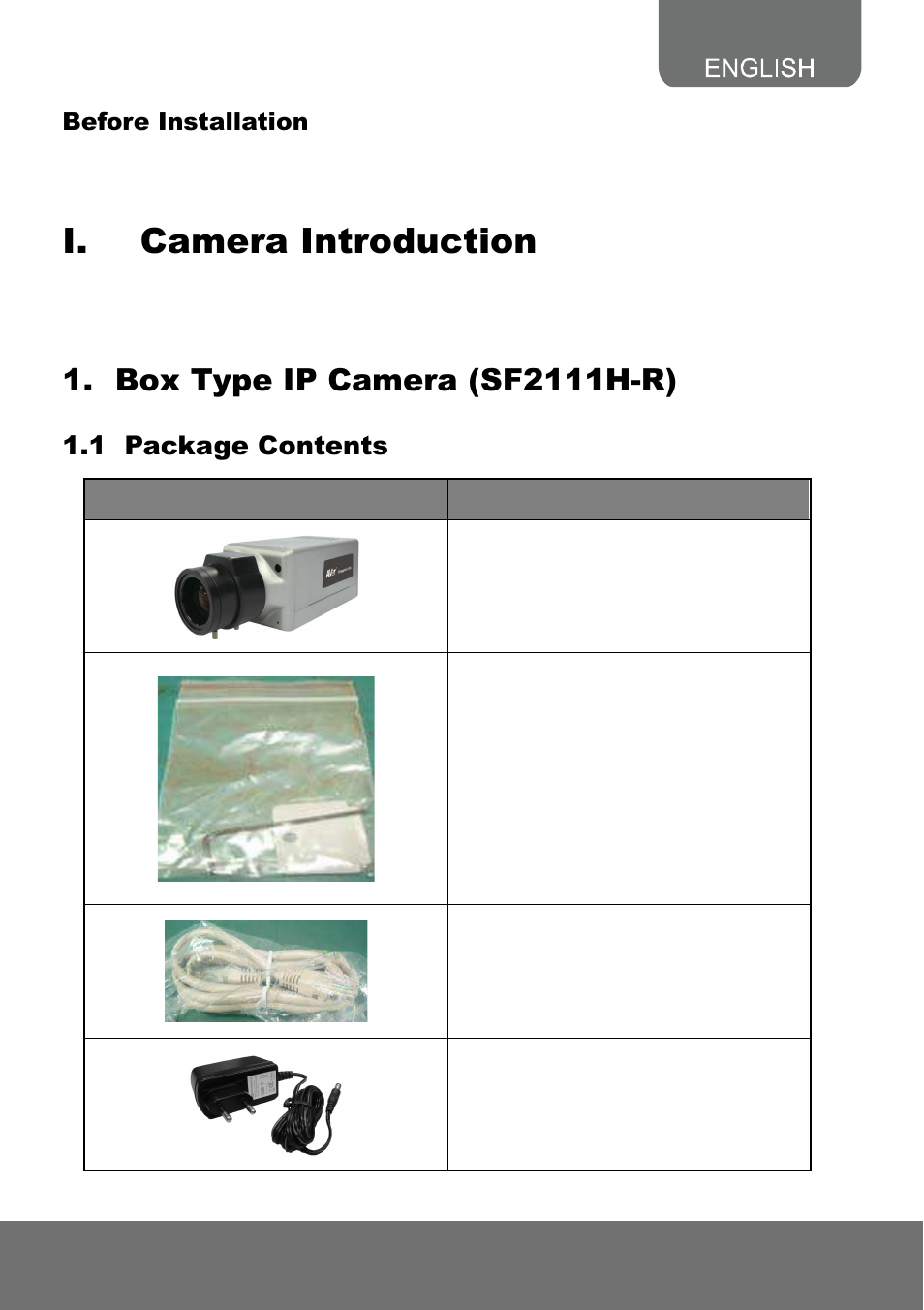 I. camera introduction, Box type ip camera (sf2111h-r), 1 package contents | AVer SF2111H series quick guide User Manual | Page 5 / 35